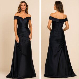 NEW La Femme Off Shoulder Ruched Satin Trumpet Gown